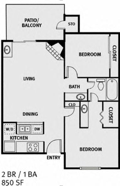 Floor plan for 2 beds, 1 bath, 850 sqft